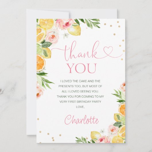 Roze Bloemen Citrus Verjaardag Dank u kaart (Voorkant)
