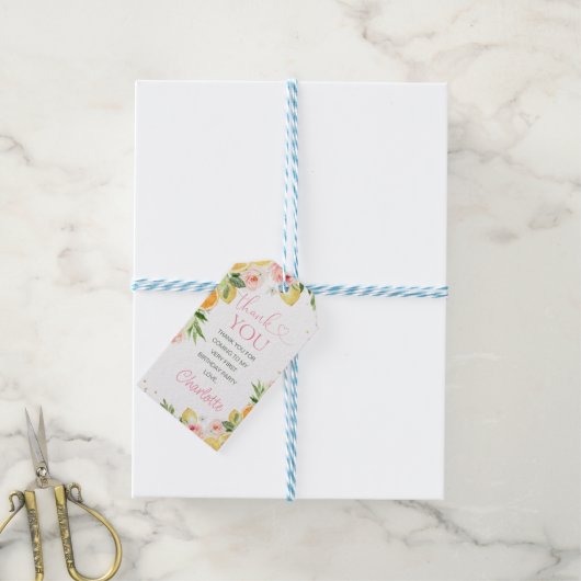 Roze Bloemen Citrus Verjaardag Dank u Label Cadeaulabel (Met Touw)