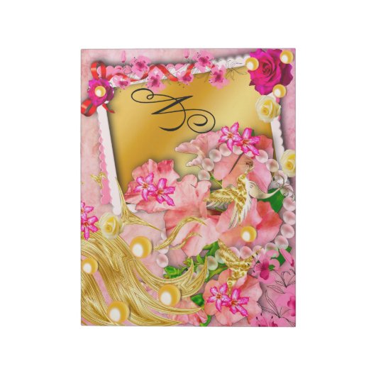 Roze Bloemen Collage Fairy Gouden Vogel Monogramme Notitieblok (Linkerzijde)