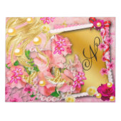 Roze Bloemen Collage Fairy Gouden Vogel Monogramme Notitieblok (Voorkant)