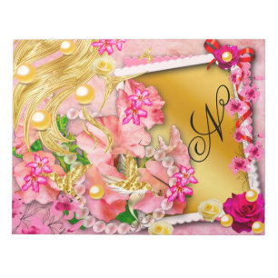 Roze Bloemen Collage Fairy Gouden Vogel Monogramme Notitieblok