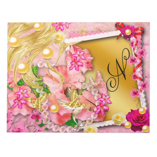 Roze Bloemen Collage Fairy Gouden Vogel Monogramme Notitieblok (Voorkant)