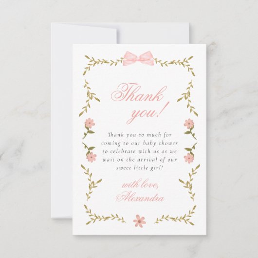 Roze Bloemen Coquette Baby shower Dank u kaart (Voorkant)