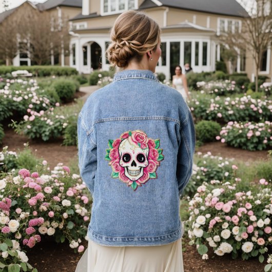 Roze Bloemen Coquette Bloemen Schedel Roos Skelet Denim Jacket (Huwelijk Achterkant)
