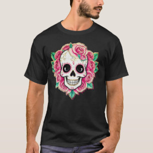 Roze Bloemen Coquette Bloemen Schedel Roos Skelet T-shirt