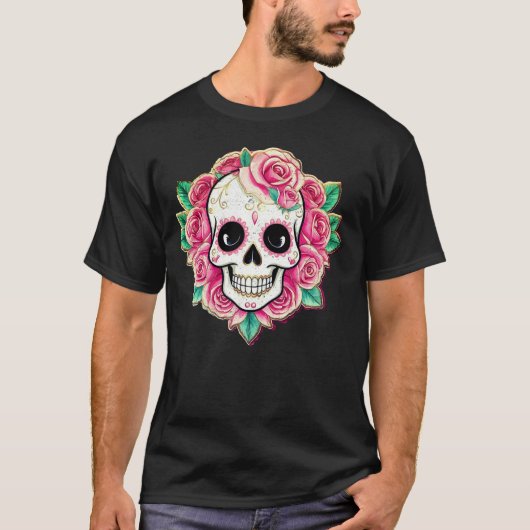 Roze Bloemen Coquette Bloemen Schedel Roos Skelet T-shirt (Voorkant)