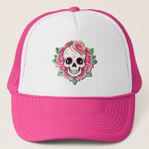 Roze Bloemen Coquette Bloemen Schedel Roos Skelet Trucker Pet