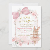 Roze Bloemen Coquette Boog konijn eerste verjaarda Kaart (Voorkant)