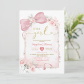 Roze Bloemen Coquette Bow Het is een Meisje Baby s Kaart (Staand voorkant)