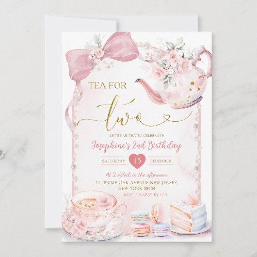 Roze Bloemen Coquette Pearl Tea Party 2e verjaarda Kaart (Voorkant)