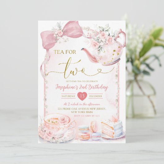 Roze Bloemen Coquette Pearl Tea Party 2e verjaarda Kaart (Staand voorkant)