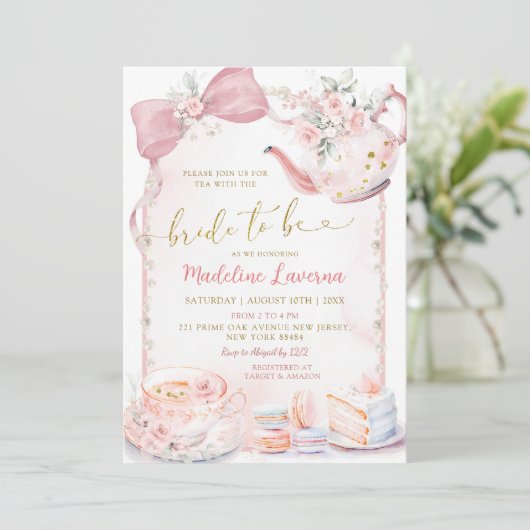 Roze Bloemen Coquette Pearl Vrijgezellenfeest Tea Kaart (Staand voorkant)