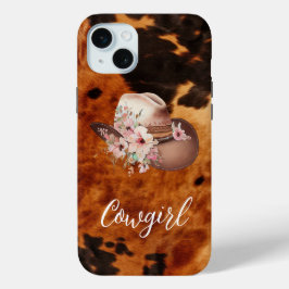 Roze Bloemen Cowgirl Cowboy Pet Bruin Koeienhuid iPhone 15 Mini Hoesje