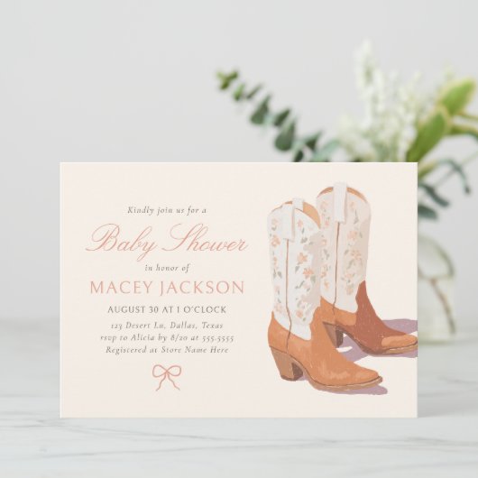 Roze Bloemen Cowgirl Laarzen Baby shower Kaart (Staand voorkant)