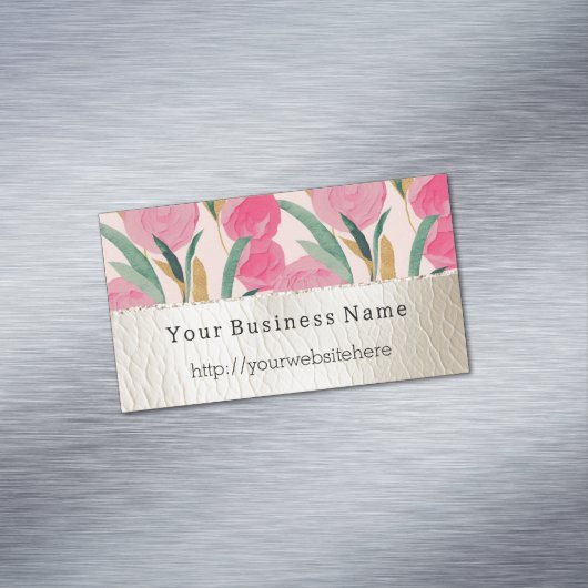 Roze bloemen & crème Faux Leather Magnetisch Visitekaartje (Voorbeeld)