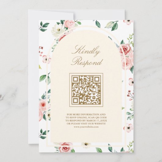 Roze Bloemen Crème Kant QR Code Moslim Bruiloft Kaart (Achterkant)