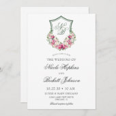 Roze Bloemen Crest Bruiloft Kaart (Voorkant / Achterkant)