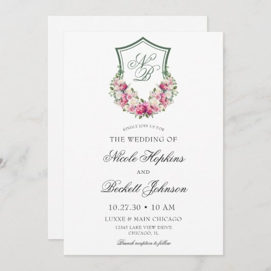 Roze Bloemen Crest Bruiloft Kaart (Voorkant / Achterkant)