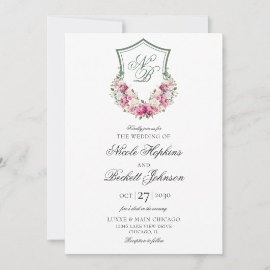 Roze Bloemen Crest Bruiloft Kaart (Voorkant)