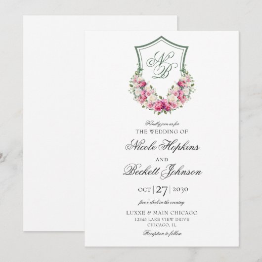 Roze Bloemen Crest Bruiloft Kaart (Voorkant / Achterkant)