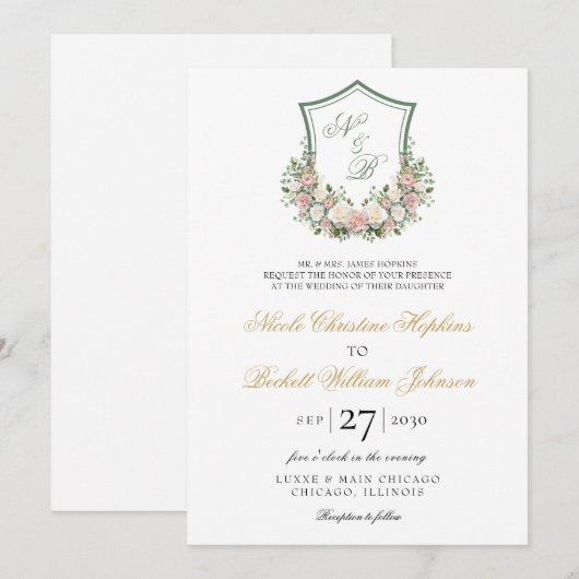 Roze Bloemen Crest Bruiloft Kaart (Voorkant / Achterkant)