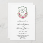 Roze Bloemen Crest Bruiloft Kaart (Voorkant / Achterkant)