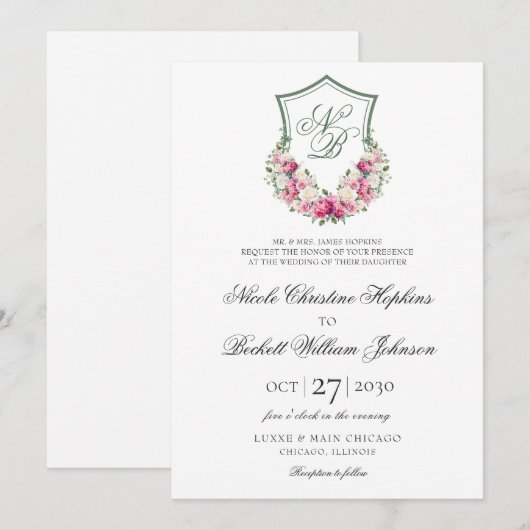 Roze Bloemen Crest Bruiloft Kaart (Voorkant / Achterkant)