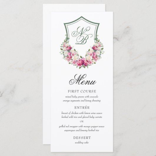 Roze Bloemen Crest Bruiloft Menu (Voorkant / Achterkant)