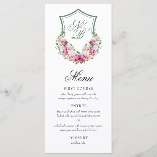 Roze Bloemen Crest Bruiloft Menu (Voorkant)
