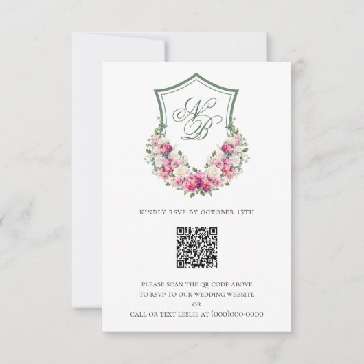 Roze Bloemen Crest Bruiloft RSVP Kaartje (Voorkant)