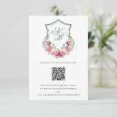 Roze Bloemen Crest Bruiloft RSVP Kaartje (Staand voorkant)