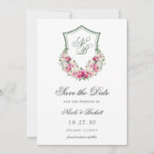 Roze Bloemen Crest Bruiloft Save The Date (Voorkant)