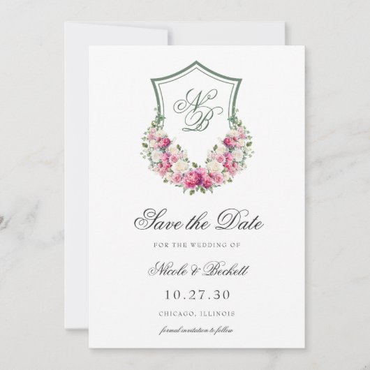 Roze Bloemen Crest Bruiloft Save The Date (Voorkant)