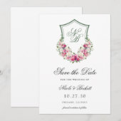 Roze Bloemen Crest Bruiloft Save The Date (Voorkant / Achterkant)
