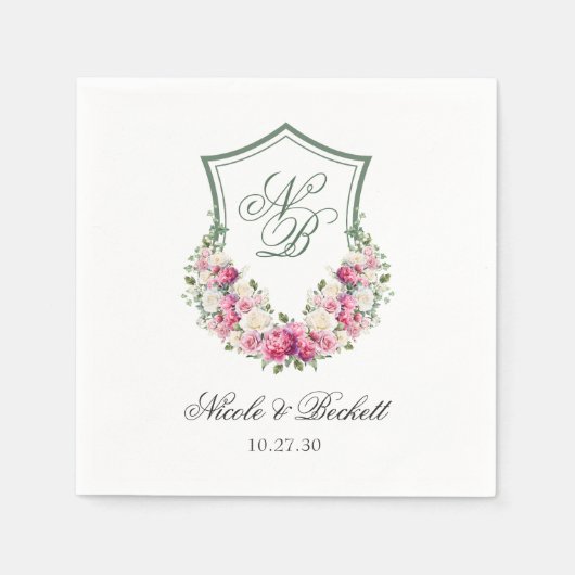 Roze Bloemen Crest Bruiloft Servet (Voorkant)