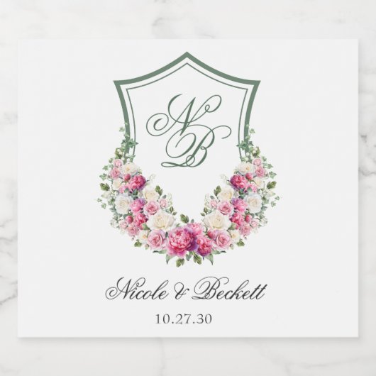 Roze Bloemen Crest Bruiloft Sparkling Wijnetiket (Enkel label)
