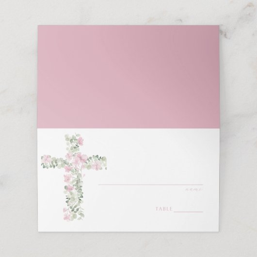 Roze Bloemen Cross Doop Tafelnummer Plaats Kaart Plaatskaartje (Buitenkant ongevouwen)
