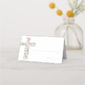 Roze Bloemen Cross Doop Tafelnummer Plaats Kaart Plaatskaartje (Voorkant)