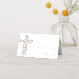 Roze Bloemen Cross Doop Tafelnummer Plaats Kaart Plaatskaartje