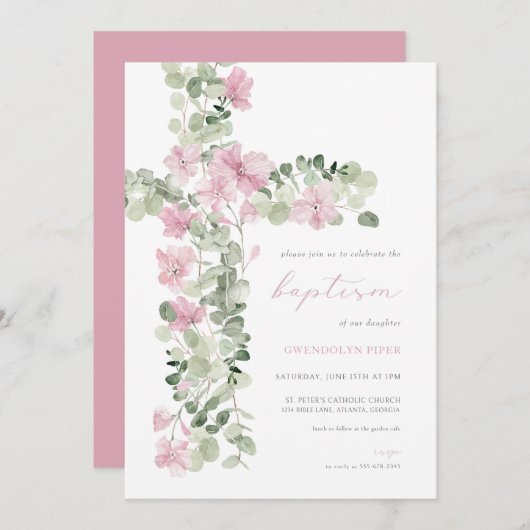 Roze Bloemen Cross Meisje Dopen Uitnodiging (Voorkant / Achterkant)