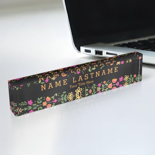  Roze Bloemen Custom Black Desk naamplaat Naambordje