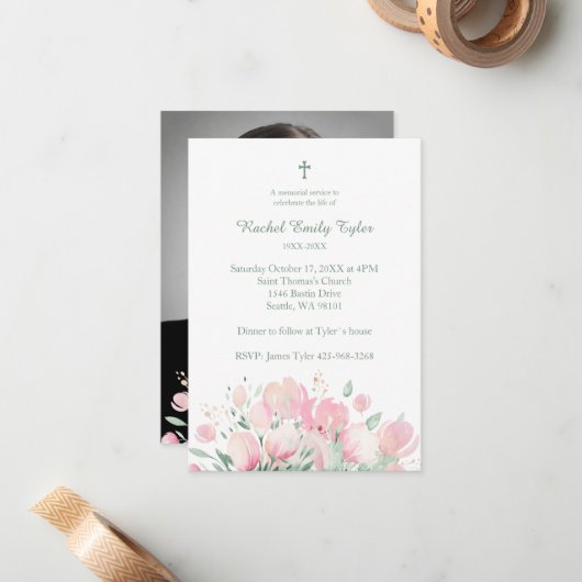 Roze Bloemen Custom Foto Memorial Funeral Beste Ee Notitiekaartje (Voorkant / Achterkant in situ)