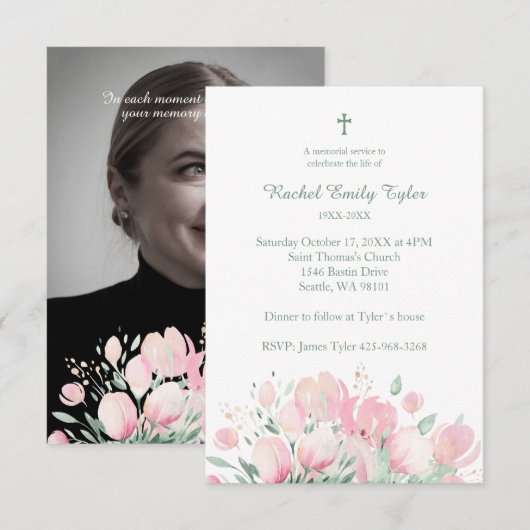 Roze Bloemen Custom Foto Memorial Funeral Beste Ee Notitiekaartje (Voorkant / Achterkant)
