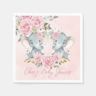 Roze bloemen cute olifanten tweeling baby shower servet