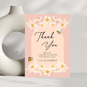 Roze Bloemen Daisy Bijen Baby shower Bedankkaart