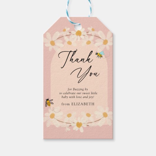 Roze Bloemen Daisy Bijen Baby shower Cadeaulabel (Voorkant)