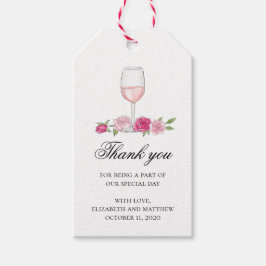Roze bloemen dank je. Wijnglas. Rozen bruiloft Cadeaulabel