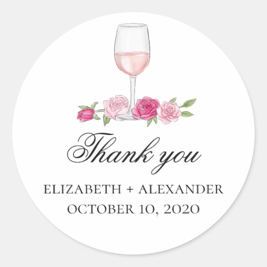 Roze bloemen dank je. Wine Glass. Bloemenbruiloft Ronde Sticker (Voorkant)