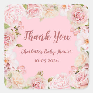 Roze Bloemen Dank u Baby shower gunst Tag Vierkante Sticker