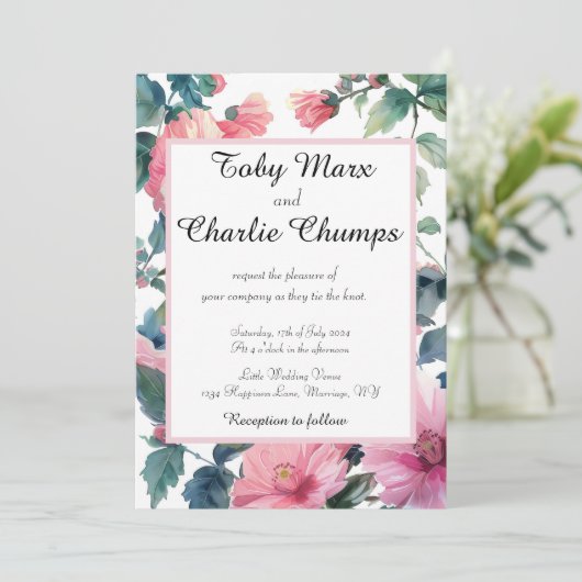 Roze Bloemen Delicate Bruiloft Kaart (Staand voorkant)